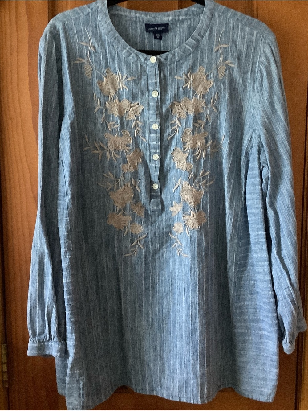 J. Jill Light Blue Embroidered Button-Front Tunic